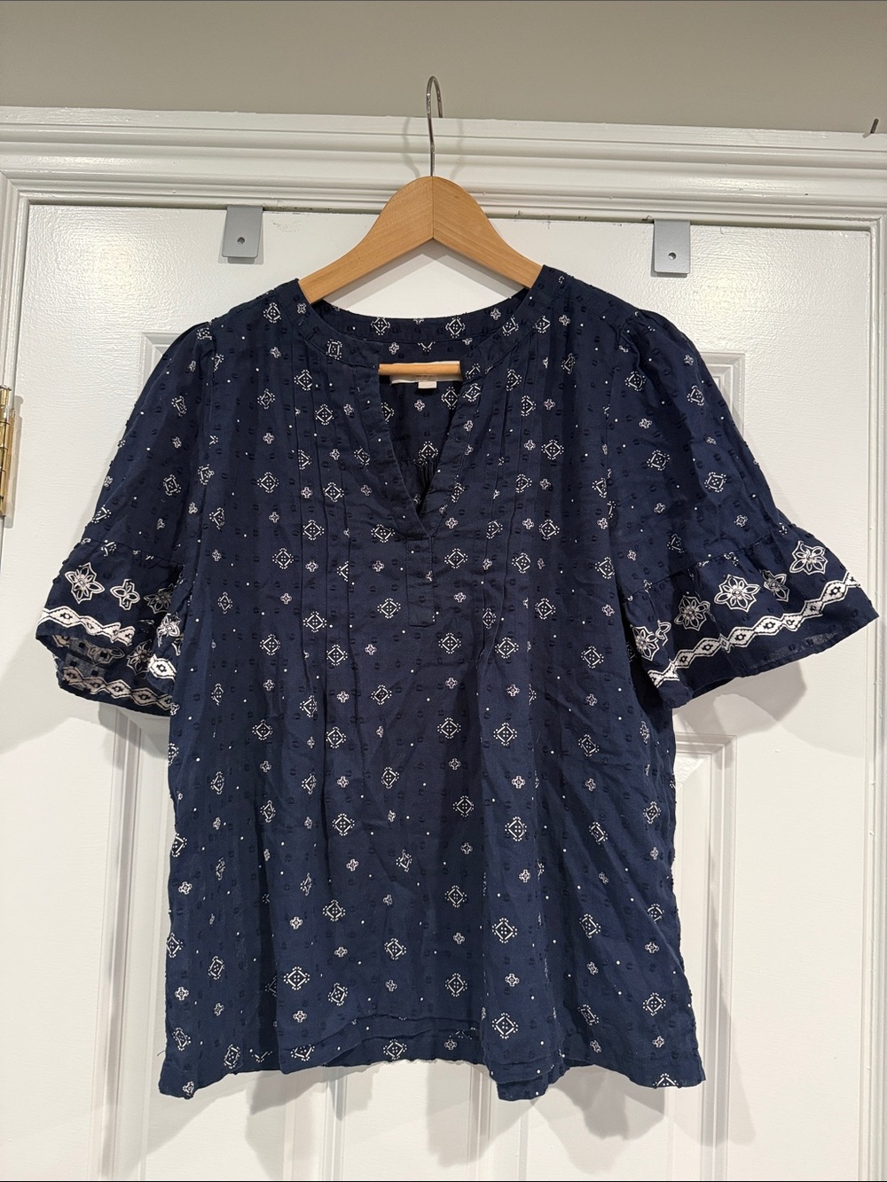 LOFT Navy Short Sleeve Embroidered Peasant Top